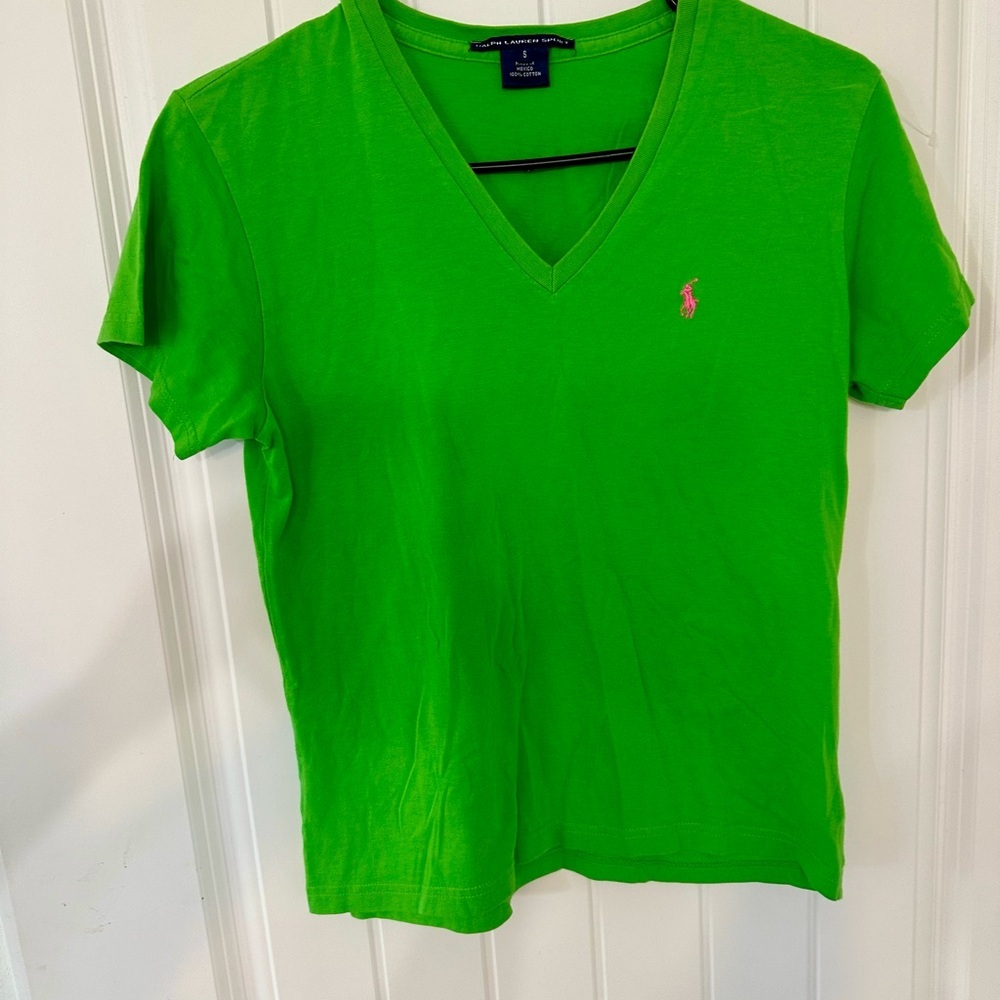 Ralph Lauren V‑Neck Short Sleeve Tee in Bright Green with Pink Pony